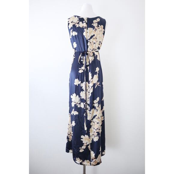 Shun Da Chinese 100% Silk Floral Printed Midi Dress Navy Blue Cream - Picture 7 of 12